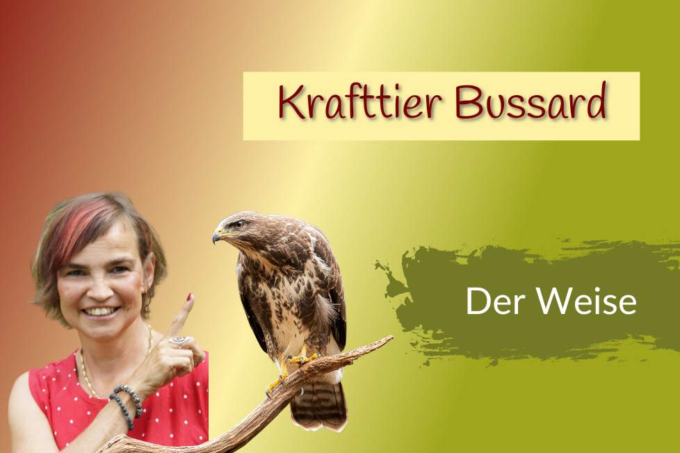 Gaby ist mit einem schamanischen Krafttier, Bussard zu sehen.